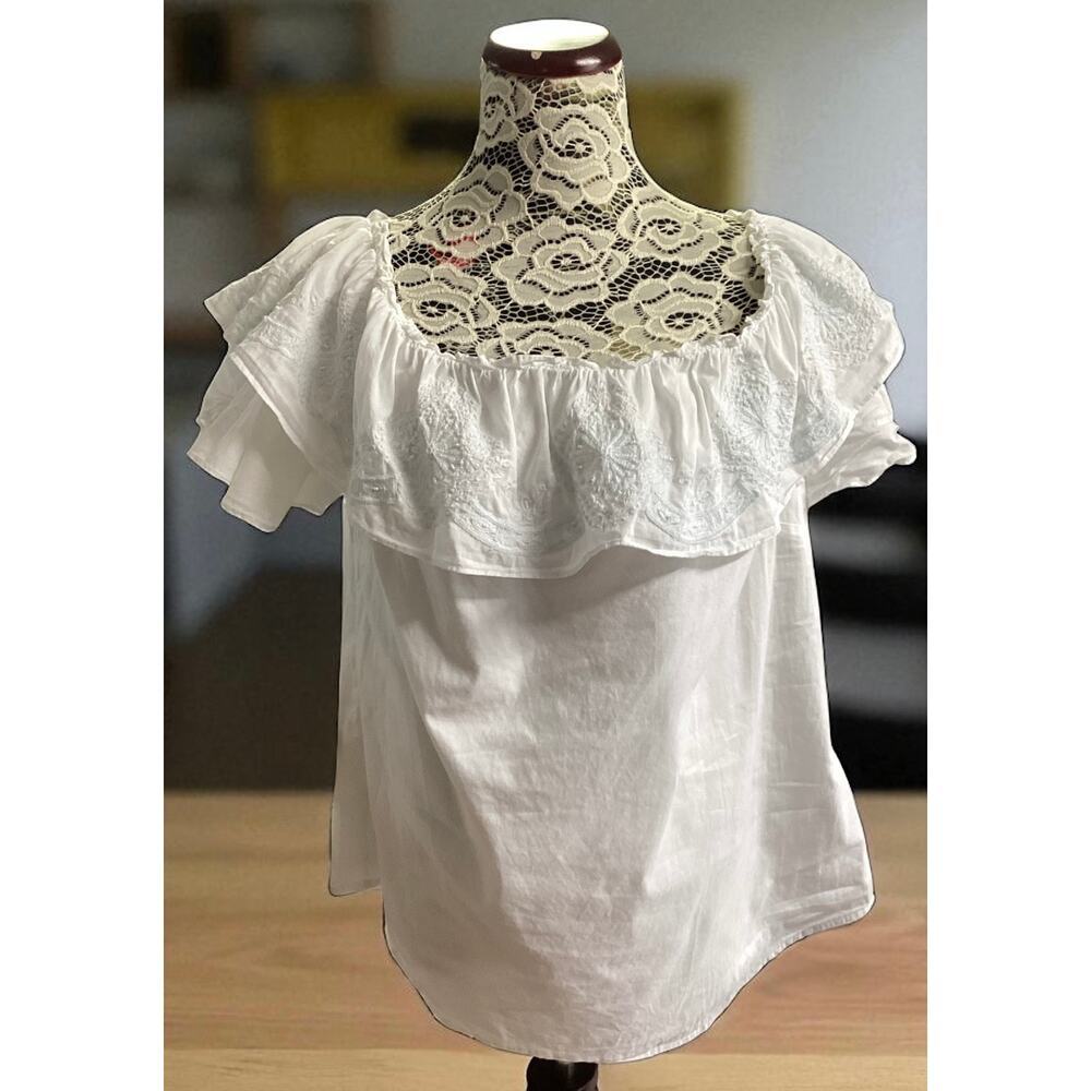 Lauren Ralph Lauren embroidered boat neckline, lace-trim voile top sz XL white